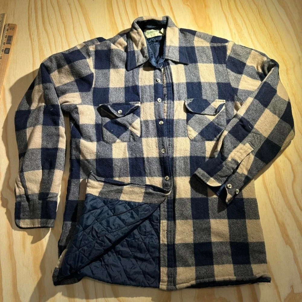 Vintage St Johns Bay Wool Flannel Quilted Shirt Jacket Blue Plaid Large Tall